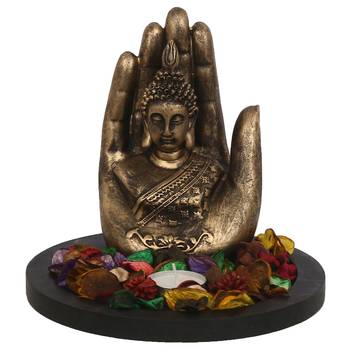 eCraftIndia Copper Finish Handcrafted Palm Buddha DECORative Showpiece with Wooden Base  Fragranced Petals and Tealight 3