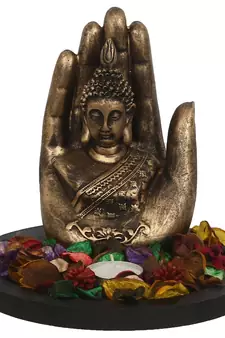 eCraftIndia Copper Finish Handcrafted Palm Buddha DECORative Showpiece with Wooden Base  Fragranced Petals and Tealight