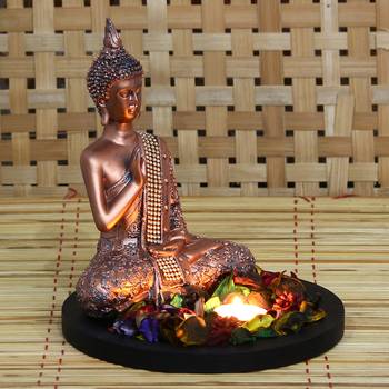 eCraftIndia Copper Finish Meditating Buddha DECORative Showpiece with Wooden Base  Fragranced Petals and Tealight 1