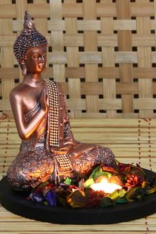 eCraftIndia Copper Finish Meditating Buddha DECORative Showpiece with Wooden Base  Fragranced Petals and Tealight