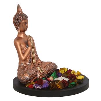 eCraftIndia Copper Finish Meditating Buddha DECORative Showpiece with Wooden Base  Fragranced Petals and Tealight 2