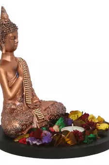 eCraftIndia Copper Finish Meditating Buddha DECORative Showpiece with Wooden Base  Fragranced Petals and Tealight