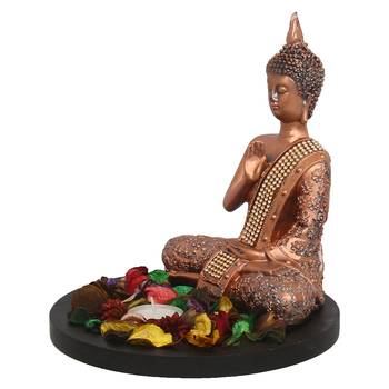 eCraftIndia Copper Finish Meditating Buddha DECORative Showpiece with Wooden Base  Fragranced Petals and Tealight 3