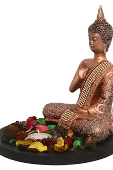 eCraftIndia Copper Finish Meditating Buddha DECORative Showpiece with Wooden Base  Fragranced Petals and Tealight