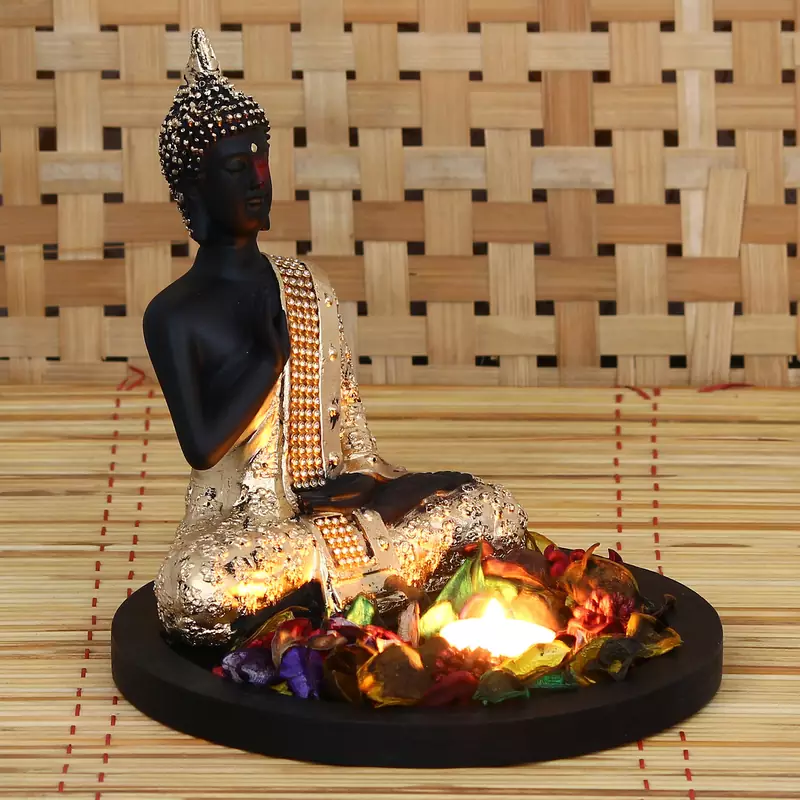 eCraftIndia Golden Meditating Buddha DECORative Showpiece with Wooden Base  Fragranced Petals and Tealight