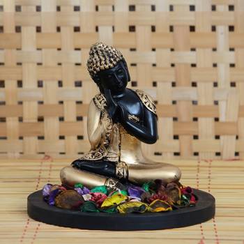 eCraftIndia Golden Resting Buddha DECORative Showpiece with Wooden Base  Fragranced Petals and Tealight 1