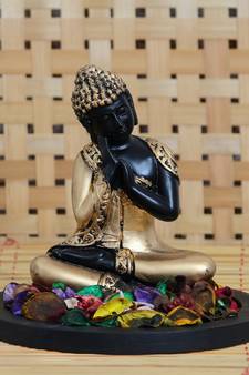 eCraftIndia Golden Resting Buddha DECORative Showpiece with Wooden Base  Fragranced Petals and Tealight