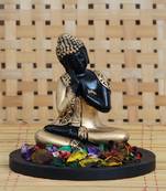 eCraftIndia Golden Resting Buddha DECORative Showpiece with Wooden Base  Fragranced Petals and Tealight