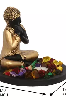 eCraftIndia Golden Resting Buddha DECORative Showpiece with Wooden Base  Fragranced Petals and Tealight