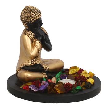 eCraftIndia Golden Resting Buddha DECORative Showpiece with Wooden Base  Fragranced Petals and Tealight 3