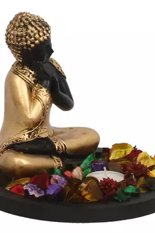 eCraftIndia Golden Resting Buddha DECORative Showpiece with Wooden Base  Fragranced Petals and Tealight