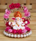 eCraftIndia Lord Ganesha Idol on DECORative Handcrafted Plate with Throne of Pink and Red Flowers