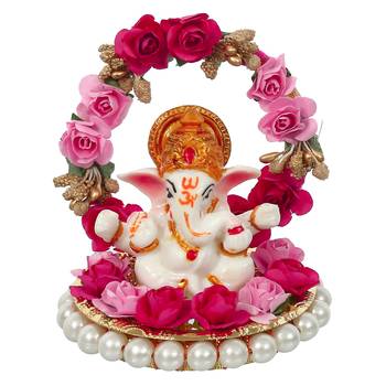 eCraftIndia Lord Ganesha Idol on DECORative Handcrafted Plate with Throne of Pink and Red Flowers 3