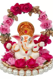 eCraftIndia Lord Ganesha Idol on DECORative Handcrafted Plate with Throne of Pink and Red Flowers