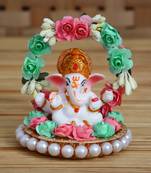 eCraftIndia Lord Ganesha Idol on DECORative Handcrafted Plate with Throne of Pink and Green Flowers