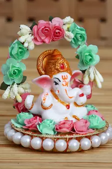 eCraftIndia Lord Ganesha Idol on DECORative Handcrafted Plate with Throne of Pink and Green Flowers