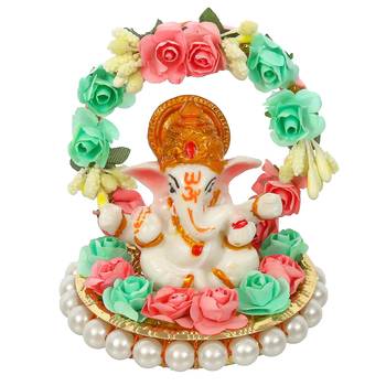 eCraftIndia Lord Ganesha Idol on DECORative Handcrafted Plate with Throne of Pink and Green Flowers 3