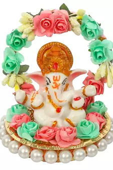 eCraftIndia Lord Ganesha Idol on DECORative Handcrafted Plate with Throne of Pink and Green Flowers