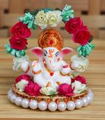 eCraftIndia Lord Ganesha Idol on DECORative Handcrafted Plate with Throne of Colorful Flowers