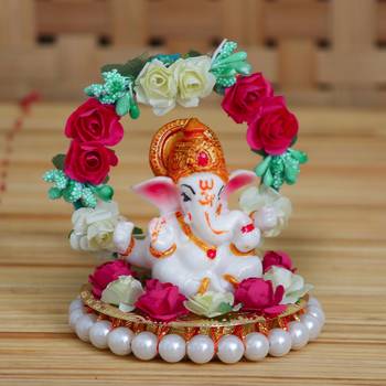 eCraftIndia Lord Ganesha Idol on DECORative Handcrafted Plate with Throne of Colorful Flowers 2
