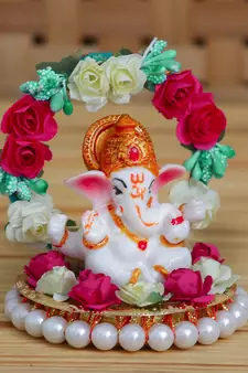 eCraftIndia Lord Ganesha Idol on DECORative Handcrafted Plate with Throne of Colorful Flowers