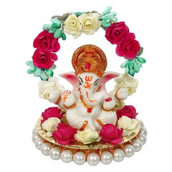 eCraftIndia Lord Ganesha Idol on DECORative Handcrafted Plate with Throne of Colorful Flowers 3
