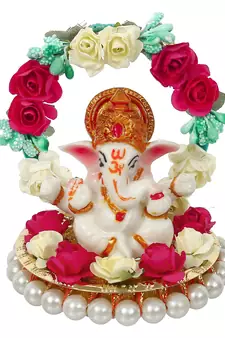 eCraftIndia Lord Ganesha Idol on DECORative Handcrafted Plate with Throne of Colorful Flowers