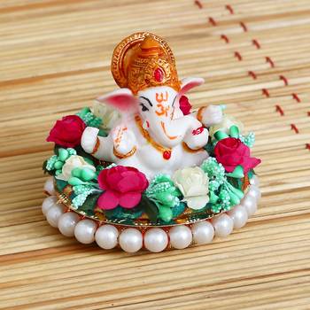 eCraftIndia Lord Ganesha Idol on DECORative Handcrafted Plate with Colorful Flowers 2