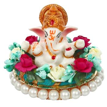 eCraftIndia Lord Ganesha Idol on DECORative Handcrafted Plate with Colorful Flowers 3