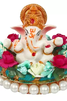 eCraftIndia Lord Ganesha Idol on DECORative Handcrafted Plate with Colorful Flowers