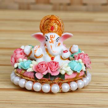 eCraftIndia Lord Ganesha Idol on DECORative Handcrafted Plate with Colorful Flowers 1