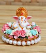 eCraftIndia Lord Ganesha Idol on DECORative Handcrafted Plate with Colorful Flowers