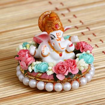 eCraftIndia Lord Ganesha Idol on DECORative Handcrafted Plate with Colorful Flowers 2