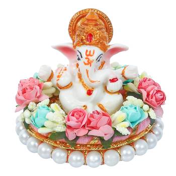 eCraftIndia Lord Ganesha Idol on DECORative Handcrafted Plate with Colorful Flowers 3
