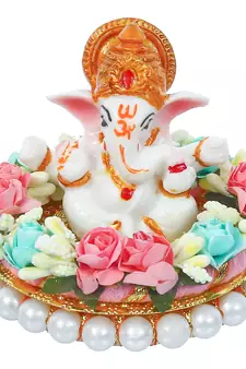 eCraftIndia Lord Ganesha Idol on DECORative Handcrafted Plate with Colorful Flowers