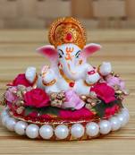 eCraftIndia Lord Ganesha Idol on DECORative Handcrafted Plate with Colorful Flowers