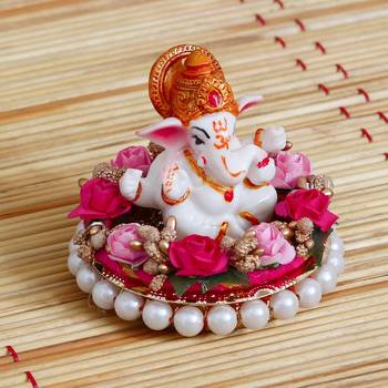 eCraftIndia Lord Ganesha Idol on DECORative Handcrafted Plate with Colorful Flowers 2
