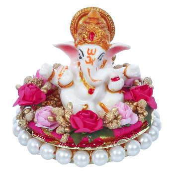 eCraftIndia Lord Ganesha Idol on DECORative Handcrafted Plate with Colorful Flowers 3
