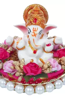 eCraftIndia Lord Ganesha Idol on DECORative Handcrafted Plate with Colorful Flowers