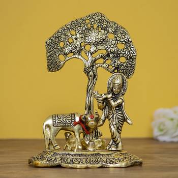 eCraftIndia Lord Krishna playing Flute under Tree with Golden Cow and Calf Showpiece 1