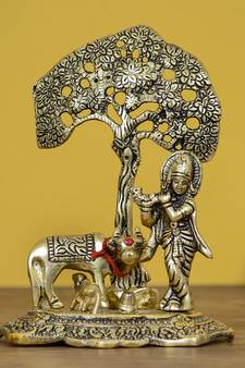eCraftIndia Lord Krishna playing Flute under Tree with Golden Cow and Calf Showpiece
