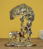 eCraftIndia Lord Krishna playing Flute under Tree with Golden Cow and Calf Showpiece