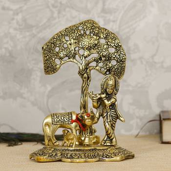 eCraftIndia Lord Krishna playing Flute under Tree with Golden Cow and Calf Showpiece 2