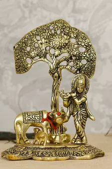 eCraftIndia Lord Krishna playing Flute under Tree with Golden Cow and Calf Showpiece