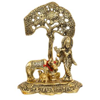 eCraftIndia Lord Krishna playing Flute under Tree with Golden Cow and Calf Showpiece 3