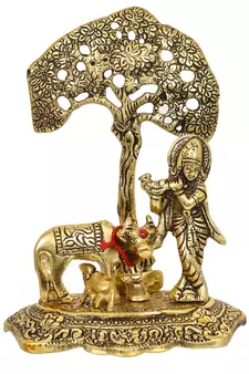 eCraftIndia Lord Krishna playing Flute under Tree with Golden Cow and Calf Showpiece