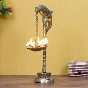 eCraftIndia DECORative Handcrafted Brass Parrot Showpiece Diya for 7 wicks with Stand 1