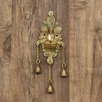 eCraftIndia Antique Finish DECORative Handcrafted Brass Wall Hanging Diya with Bells 1