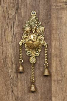 eCraftIndia Antique Finish DECORative Handcrafted Brass Wall Hanging Diya with Bells