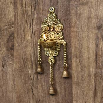eCraftIndia Antique Finish DECORative Handcrafted Brass Wall Hanging Diya with Bells 2